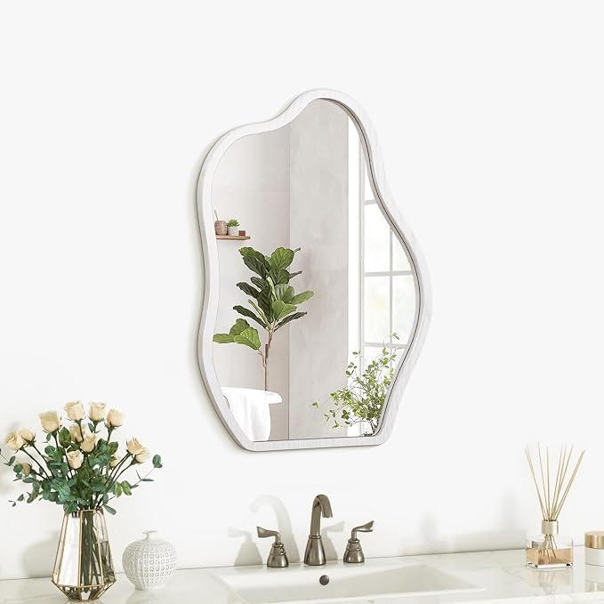 Irregular Cloud Mirror Modern Wood Frame Wall Mirrors Unique Shape Asymmetrical Wall Vanity Artistic Decor for Bedroom Bathroom Entryway Hallway Living Room Small White