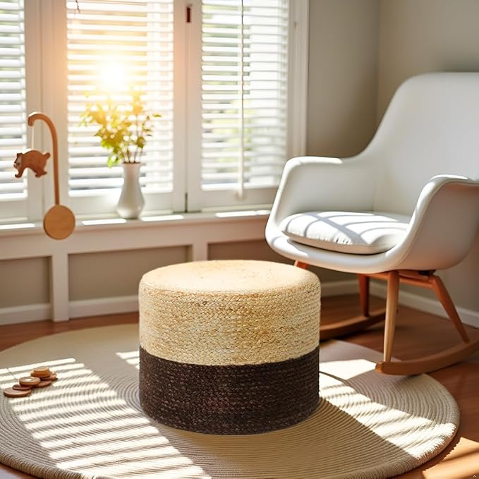 REDEARTH · Cylindrical Pouf Foot Stool Ottoman - Jute Braided Pouffe Poof Accent Sitting Footrest for Living Room, Bedroom, Nursery, Patio, Lounge & Other Rooms (Natural Acorn, 18"X18"X14")