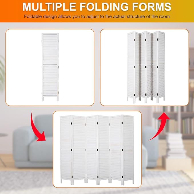 PayLessHere Room Divider Wood Privacy Screen 5.75 Ft Indoor Folding Portable Partition Screen for Bedroom Office Restaurant (White, 6 Panel)