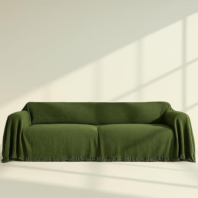 Oversize Washable Couch Cover %100 Natural Cotton, Gauze Couch Covers for Sectional, 3 Seater, 4 Seater Sofa, Large 4 Layered Muslin Fabric, Cloud Like Washable Sofa Cover(Green, 95x150" / 240x380 cm)