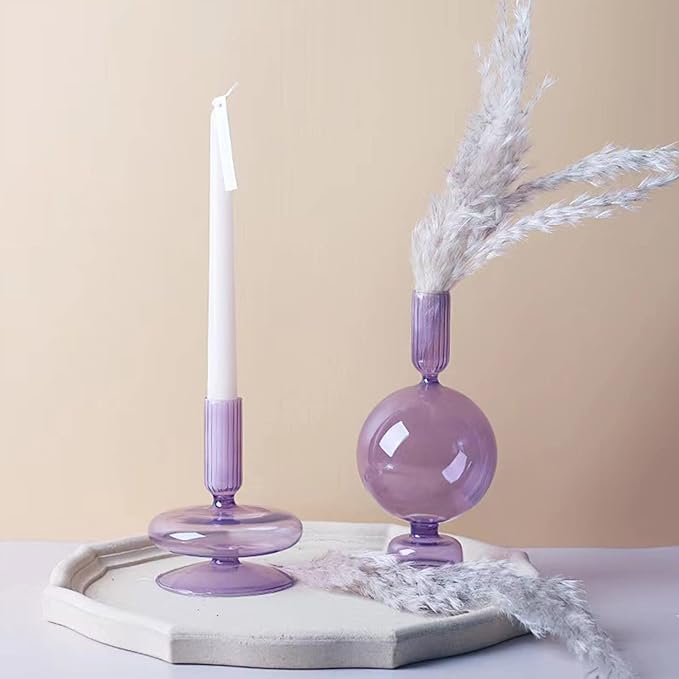 Glass Candlestick Holders Colorful Glass Taper Candle Stand Modern Elegant Candle Stick Candle Holder Glasses Vase Decor for Home Party Centerpiece(Purple A)