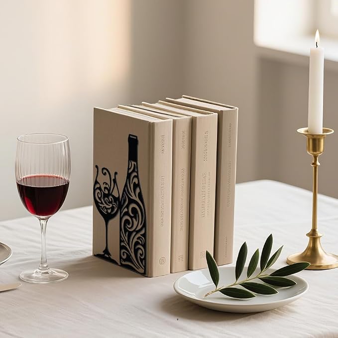 WADORN 1 Pair Wine Metal Bookends for Shelves Decorative, Wine Glass Heavy Duty Metal Decorative Book Ends Non-Skid Black L-Shaped Book Stopper for Library Home Office Desk, 5.3x4.3x7.9 Inch