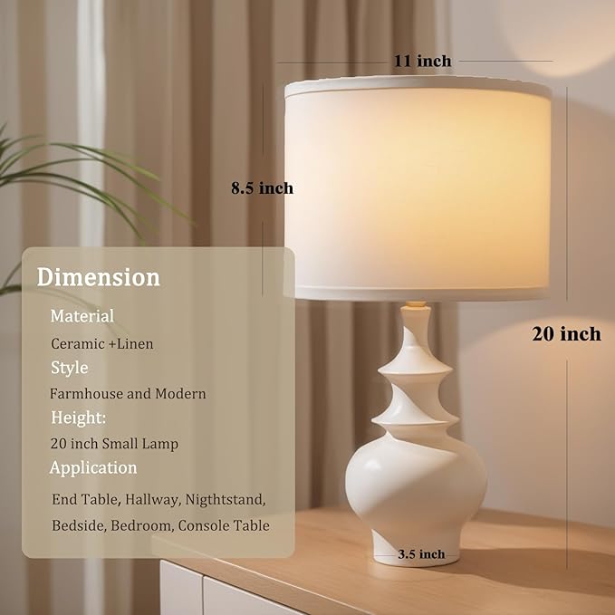 20" Modern Ceramic Table Lamps Set of 2, White Bedroom Lamps for Night Stands, Farmhouse Bedside Lamps for Bedroom Living Room, Small Nightstand Lamps Desk End Table Lamps White