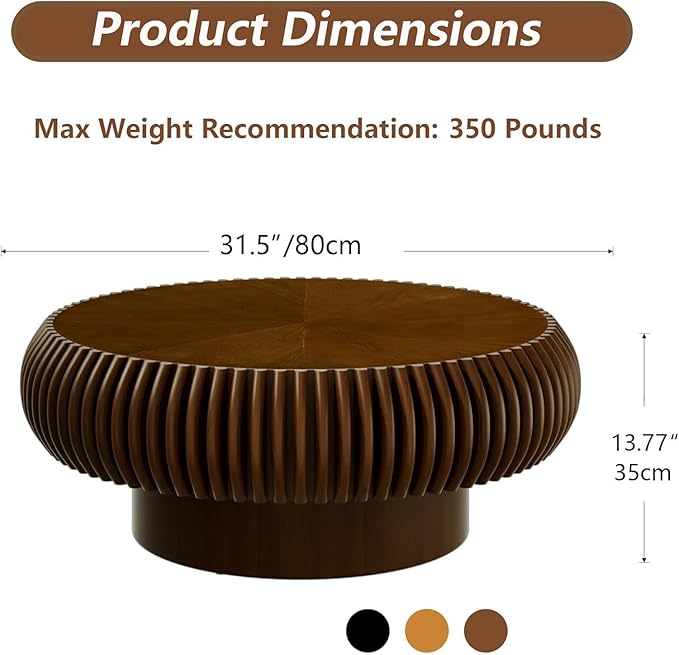 Round Coffee Table for Living Room, Modern Drum Center Table, Fluted Side Table with Sturdy Base Circle Tea Table for Bedroom, Office, Apartment (Walnut 31.5")