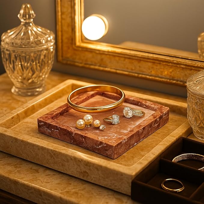 Natural Travertine Marble Square Jewelry Tray, 4.9" – Decorative Stone Accessory Dish for Rings, Earrings, Necklaces, Perfume and Keys, Gift for Women (Red)