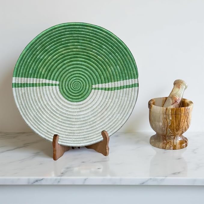 Handwoven African Sisal Basket Bowl Handmade Woven Fruit Bowl, Decorative Wall Basket for Home Décor, Living Room Centerpiece Gifts Zen Design Arts and Crafts (Green Off White, 10in diameter)