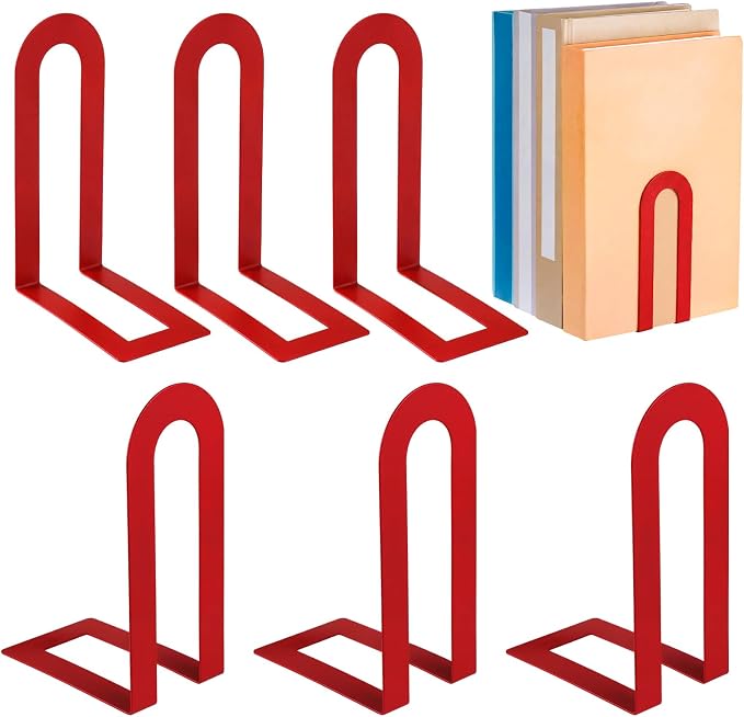 Chunful 6 Pcs Red Modern Metal Book Ends for Shelves Decorative Small Bookends Book Shelf Organizer Minimalist Design Stopper to Hold Books for Home Office (5.5 * 3.75 * 2.25inch)