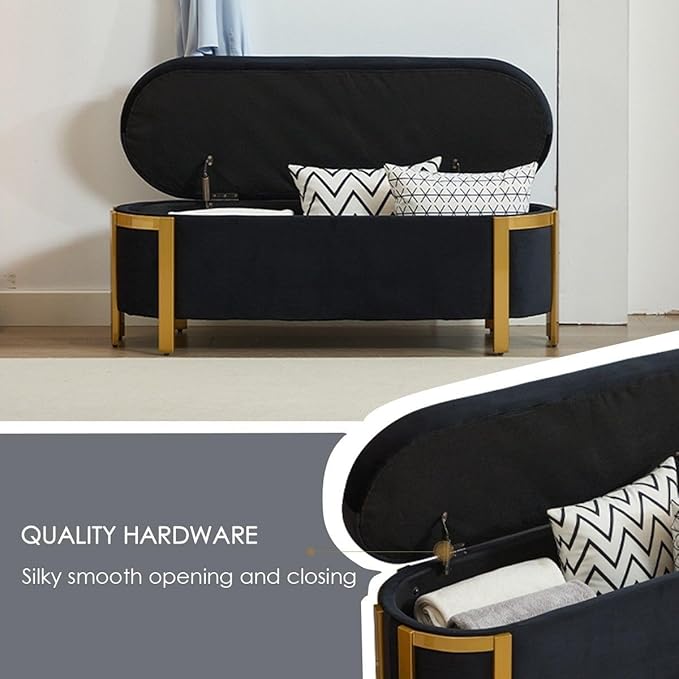 Hyfirm 48" Black and Gold Velvet Storage Ottoman Bench, 4ft Modern Mid Century Upholstered Stool with Padded Seat, Long Oval Settee for Bedroom, Living Room, End of Bed, Sofa Couch, Entryway, Hallway