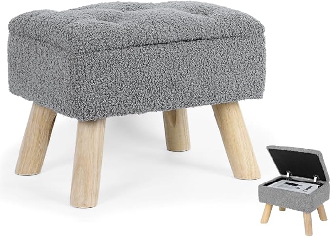 OGEMXU Storage Ottoman, Small Storage Ottoman Foot Stool with Wood Legs, Teddy Velvet Rectangular Foot Rest for Chair, Soft Sponge White Footstool for Living Room, Couch, Bedroom, Dorm (Grizzly)