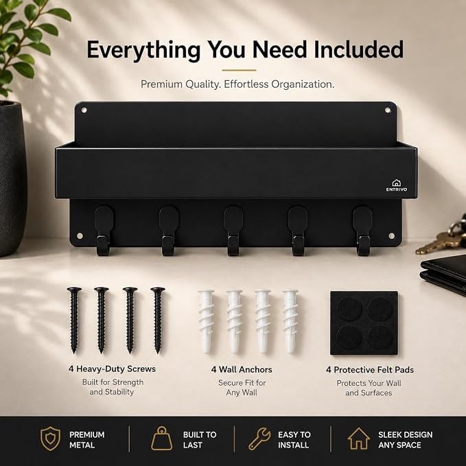 Modern Large Wall Mounted Key Holder with Deep Shelf, Entryway Organizer with 5 Heavy Duty Hooks, Metal Key Rack for Wall, Mail Holder & Dog Leash Hanger, Black