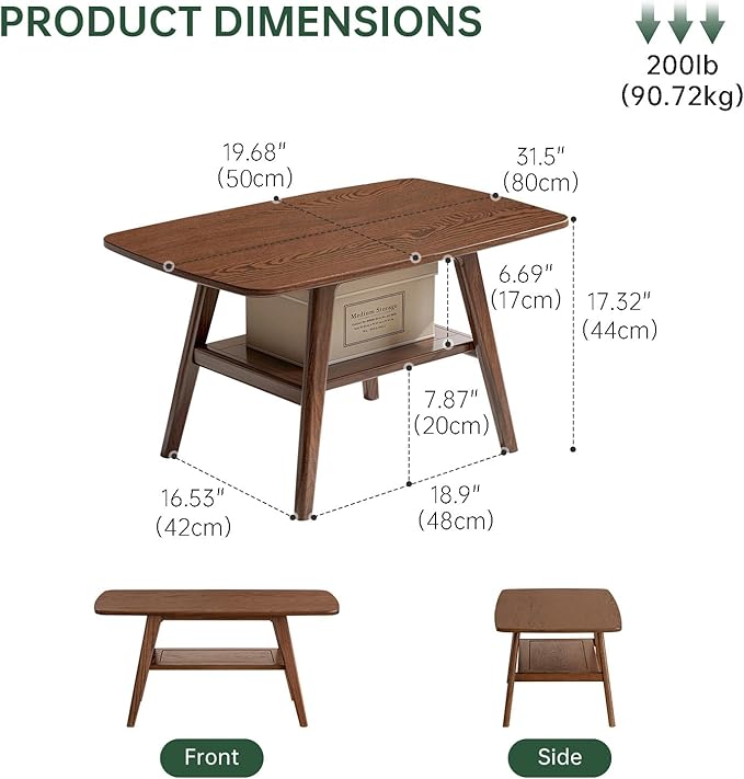 100% Solid Wood Coffee Table for Living Room, 31.5" Small Tables with Shelf Storage, Mid Century Modern Storage Coffee Table with Rounded Corners (Oak Wood Walnut Color)