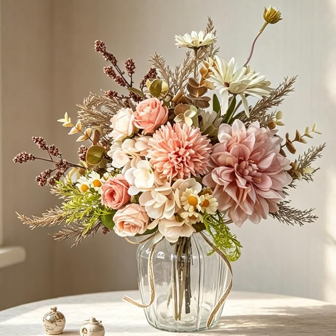 Faux Dahlia Flowers with Vase, Artificial Flowers Arrangement in Glass Vase Faux Rose for Decoration Table Centerpiece (Dahlia Pink)
