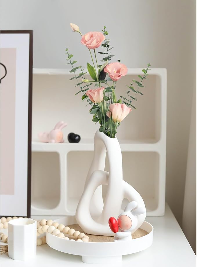 STHIE Modern White Ceramic Flower Vases for Home Decor Aesthetic, Boho Decorative Vase for Bouquet Pampas Grass, Living Room Bedroom Kitchen Maximalist Decor (White)