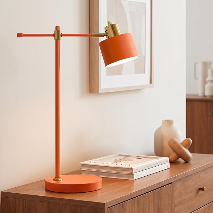 OYEARS 22.2" Modern Desk Lamp, Metal Table Lamp with LED Bulb, Adjustable Reading Lamps for Living Room, Mid Century Task Lamp for Home Office, Industrial Bedside Lamps with Solid Base, Orange