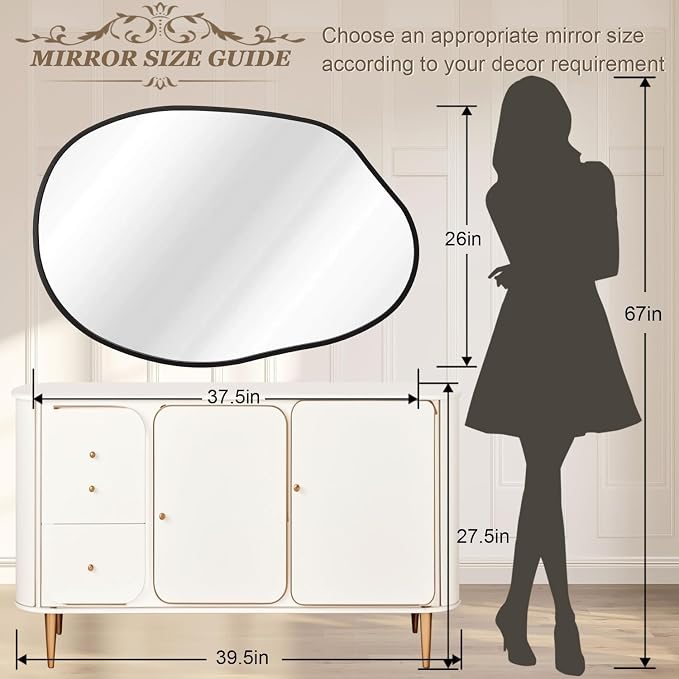 Large Irregular Wall Mirror Black Asymmetrical Bathroom Mirror Modern Decorative 26"x37.5" Aluminum Alloy Frame for Bathroom, Living Room, Entryway, Bedroom