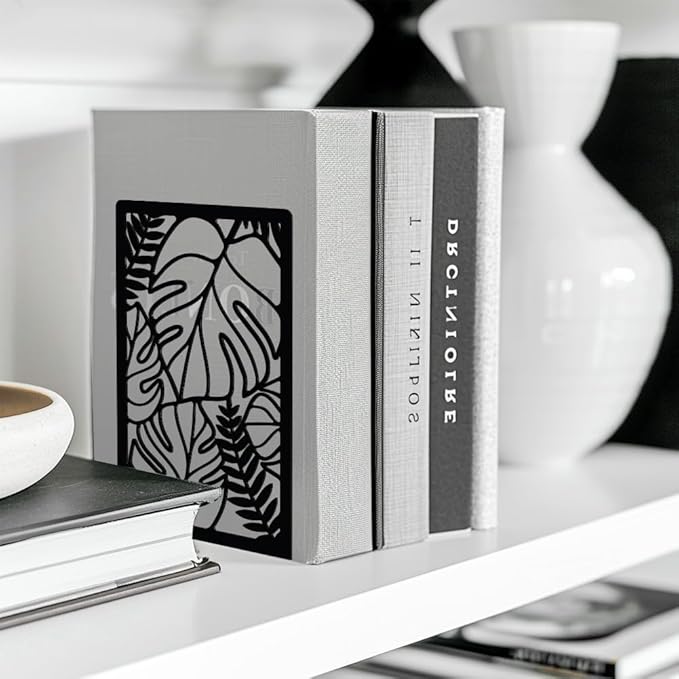 Peacoblue Metal Bookends for Shelves, Modern Decorative Heavy Duty Study Book Support Stoppers for Office, Desk, Shelf, Room 5.3"x4.3"x7.9" Cast Iron Bookends, 1 Pair (Tropical Monstera Deliciosa)