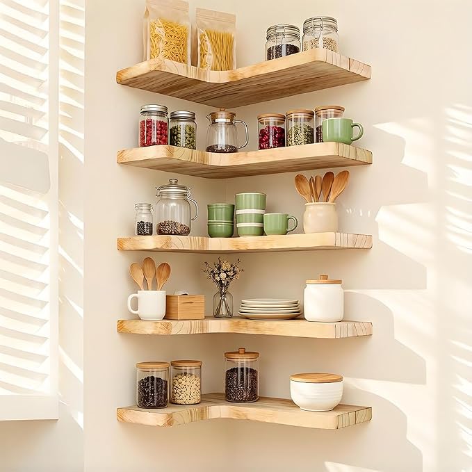 Floating Corner Shelves, Wall Shelf Set of 5, Shelves for Wall Storage, Solid Wood Shelves for Storage, Wall Mount Wooden Display Shelf for Bathroom Bedroom Kitchen Garage (Light 5 Pcs)