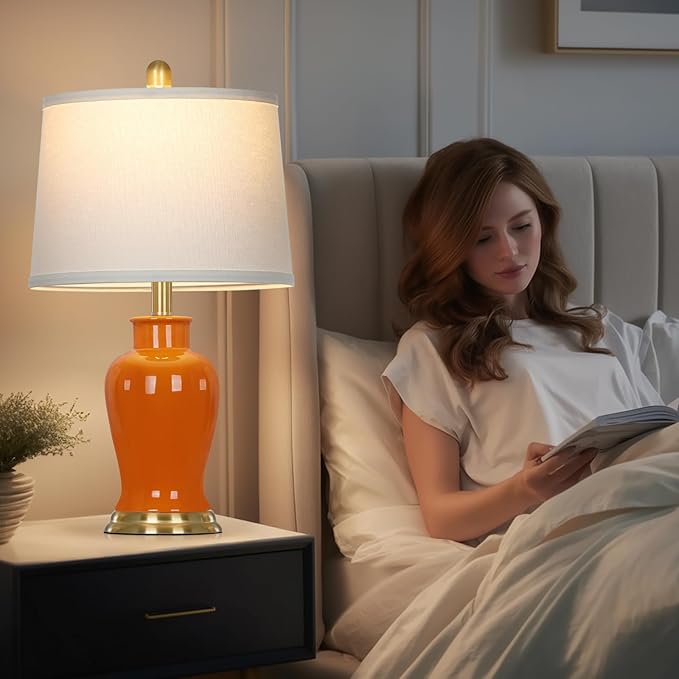 Ruzectt Orange Ceramic Lamps Set of 2, 23" Modern Table Lamps for Living Room, Stylish Bedroom Ginger Jar Lamps, Elegant Bedside Lamp for Night Stand Desk Side End Table Home Decor(Bulbs Included)