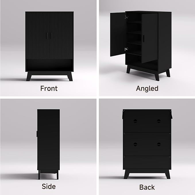 4-Tier Fluted Shoe Cabinet with 2 Doors & Open Shelf, Mid Century Modern Shoe Storage Organizer with Adjustable Shelves, Metal Handles & Wood Legs, Hidden Shoe Rack for Entryway, Hallway
