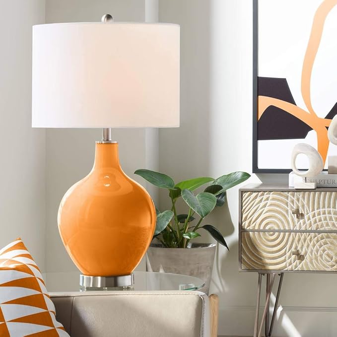 Color + Plus OVO 28 1/2" Tall Modern End Table Lamp Cinnamon Spice Orange Brushed Nickel Finish Glass Single Linen White Shade Living Room Bedroom Bedside Nightstand House Office Home Reading