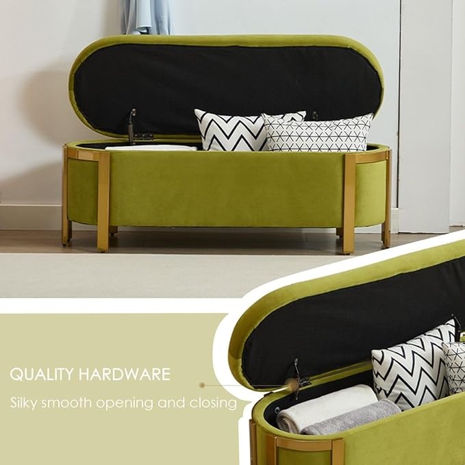 Hyfirm 48" Velvet Olive Green Storage Ottoman Bench with Gold Legs, 4ft Oval Long Modern Upholstered Stool with Padded Seat, Settee for Bedroom, Living Room, End of Bed, Sofa Couch, Entryway, Hallway