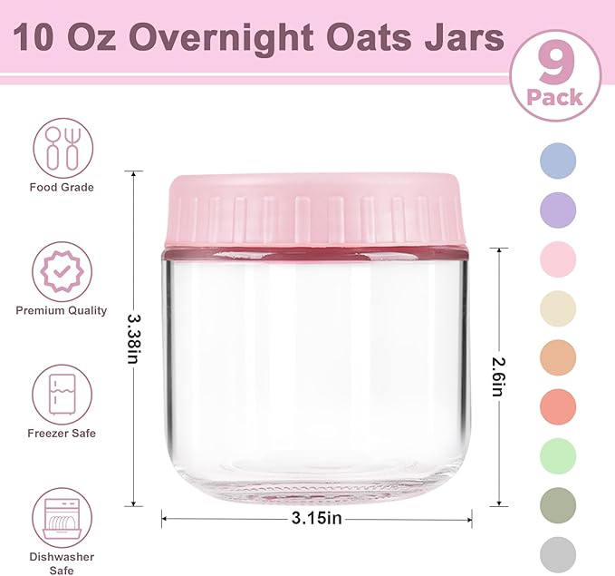 Overnight Oats Containers with Lids, 10oz Wide Mouth Mason Jars with Lids, 9 Pack Glass Jars with Airtight lid for Chia Pudding Yogurt Salad, Meal Prer Oatmeal Jars, Pink