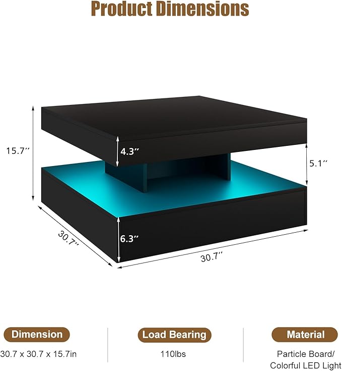 HedoAjim Black LED Coffee Table for Living Room, Living Room Table 2-Tier Square Middle Center Table, Modern Coffee Tables with Storage, Wood Tea Tables for Dining Reception, Skin Feeling