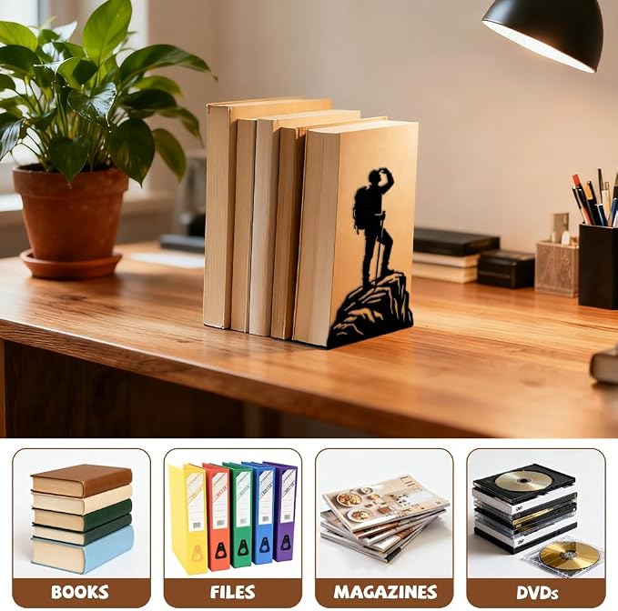 Peacoblue Metal Bookends for Shelves, Modern Decorative Heavy Duty Study Book Ends Stoppers for Office Desk Shelf, Room 5.3"x4.3"x7.9" Cast Iron Tall Bookends 1 Pair (Mountain Climber)
