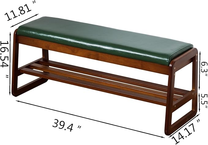 Shoe Bench with Storage - 2-Tier Entryway Bench, Solid Wood Shoe Rack with Cushion & Flip-Open Box, Mid-Century Modern for Hallway, Mudroom, Bedroom (Green, 39.4")