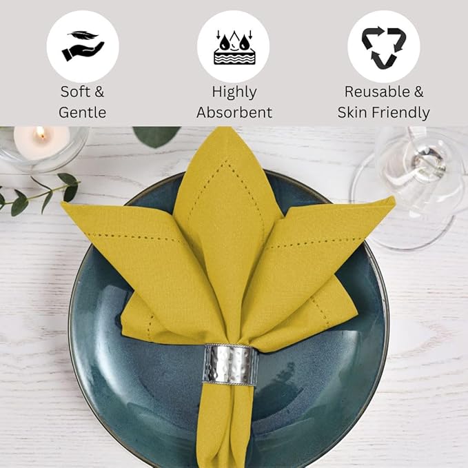 Hemstitch Cloth Dinner Napkins 100% Cotton Set of 6 - for Dining Special Occasions Weddings Parties Holidays Easter - Soft Durable Reusable - Elegant 18x18 Inch Table Cloth Napkins Yellow