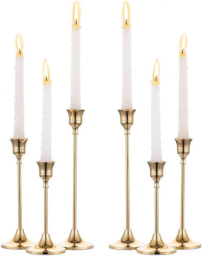 Set of 6 Metal Candle Holders for Taper Candles, 3 Sizes Decorative Candlestick Holders for Table Centerpiece, Wedding, Dinner Party, Home Decor (Gold)
