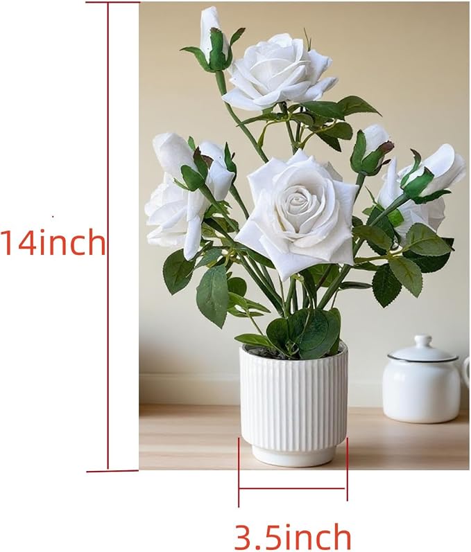 Artificial Rose Plant with Ceramic Vase, White | Silk Roses, Home Decor, Potted Floral Arrangement