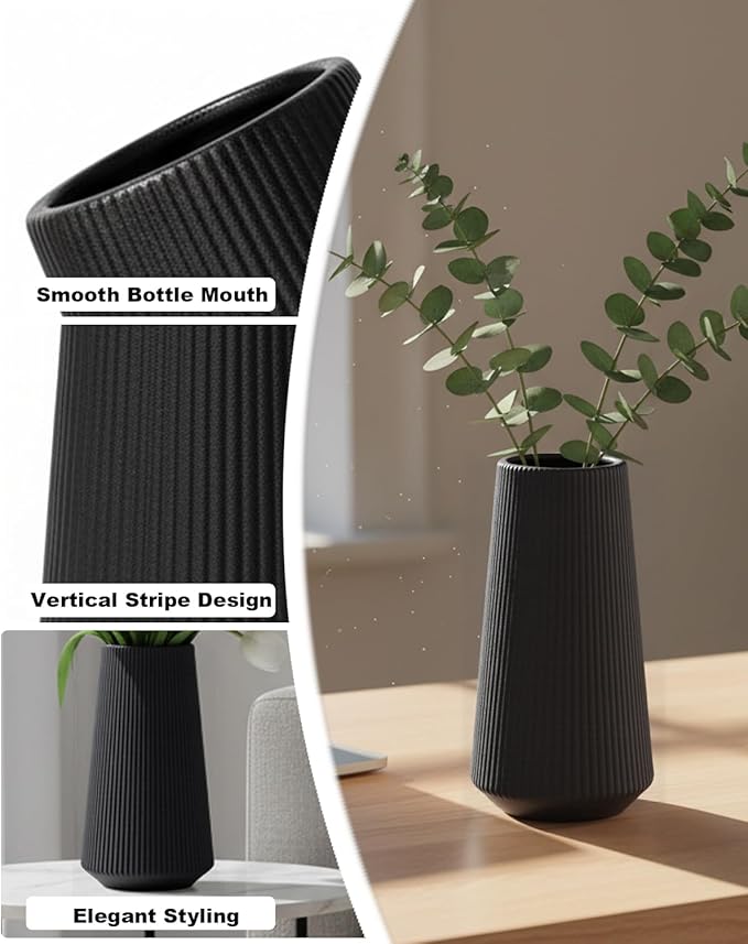 Black Modern Vase, 8 Inch Ceramic Small Ribbed Textured Flower Vase for Pampas Grass & Dried Flowers - Minimalist Home Decor, Watertight, Non-Slip Base
