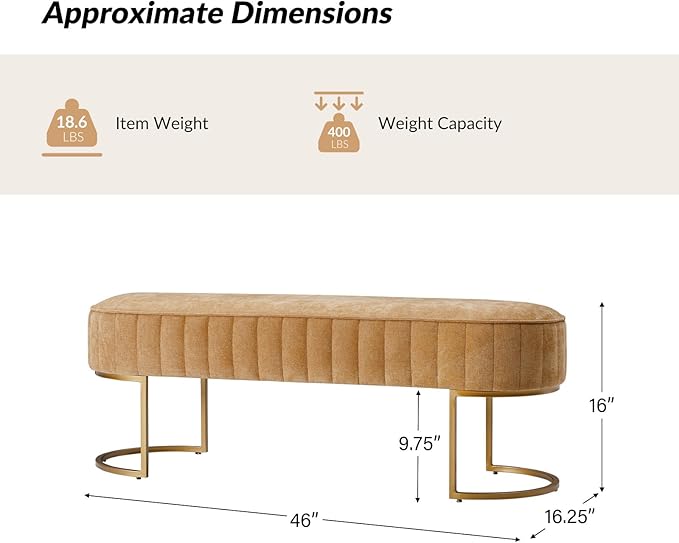 EcoHarbor Living 46" Velvet Bench, Upholstered Entryway Bench End of Bed with Gold Legs, Bed Ottoman Bench for Bedroom Living Room Footrest Stools, Mustard