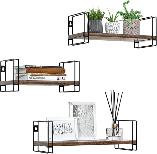 J JACKCUBE DESIGN Torched Wood Floating Shelves, Set of 3 Wall Mounted Hanging Shelves with Black Wire Frames for Bedroom. Living Room, Kitchen, Bathroom and Office - MK696B