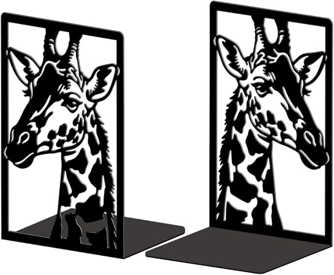 Peacoblue Metal Bookends for Shelves, Modern Decorative Heavy Duty Study Book Ends Stoppers for Office, Desk, Shelf, Room 5.3"x4.3"x7.9" Cast Iron Simple Tall Bookends 1 Pair (Giraffe)