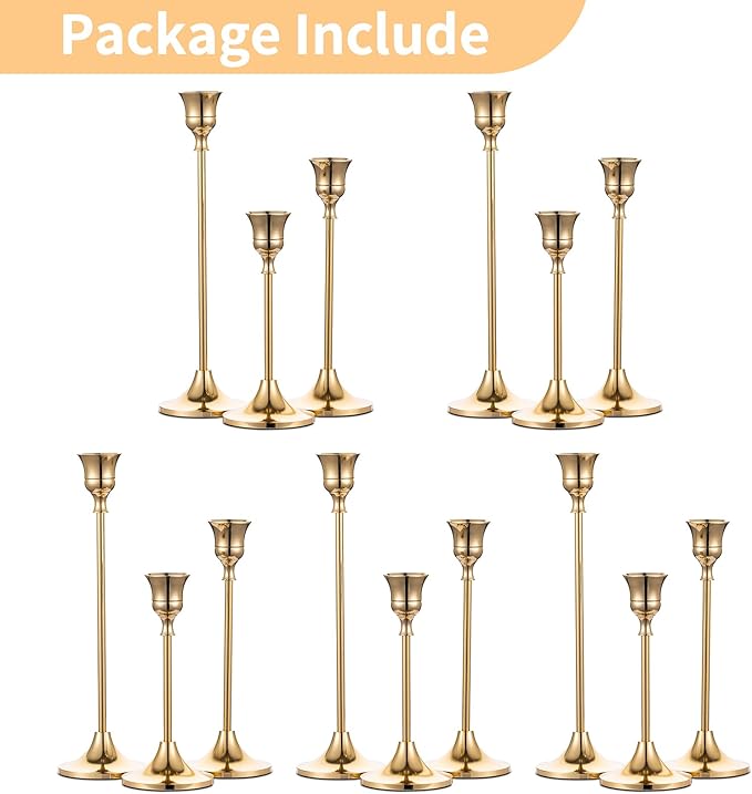 Nuptio Candlestick Candle Holders 15 Pcs Candle Stick Holder Gold Taper Candle Holder Candle Stand for Wedding Party Thanksgiving Halloween Birthday Mantel Baby Shower Table Centerpieces Decor