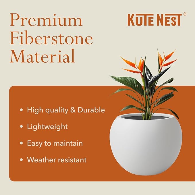 KUTE NEST 12.8" H x 16" D Premium Globo Fiberstone Round Planter - Smooth Finishes, Weather Resistant for Indoor & Outdoor Use, Included 2 Extra Coco Mats (Light Gray, 10.7" Pot Opening)