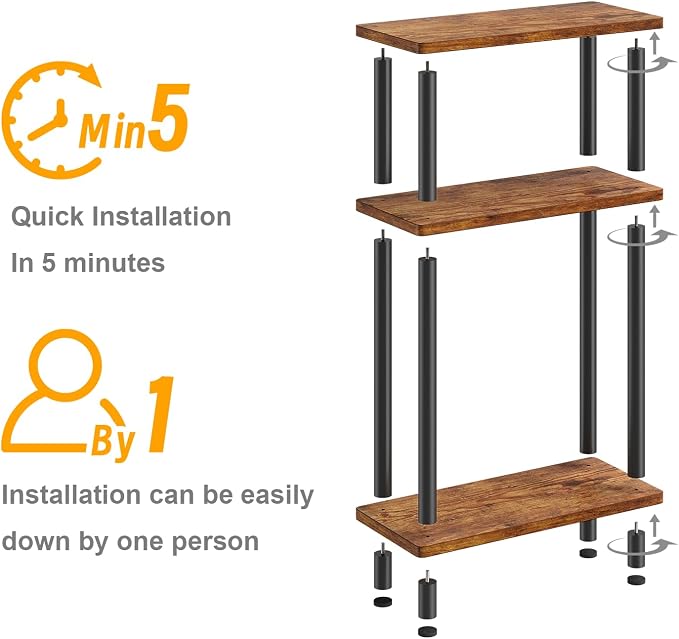 Apicizon Small Narrow Side Table, 3-Tier Skinny End Table for Small Spaces, Slim Nightstand with Storage Shelf, Bedside Table for Living Room, Bedroom, Rustic Brown and Black
