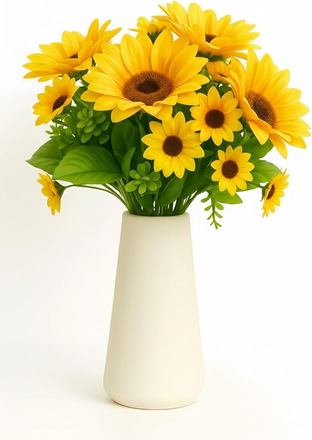 Ceramic Vase with Artificial Sunflower Flowers - Modern Farmhouse Home Decor Deals - Matte Ivory White Pottery Centerpiece for Living Room Coffee Table Bedroom Kitchen & Dining Gift