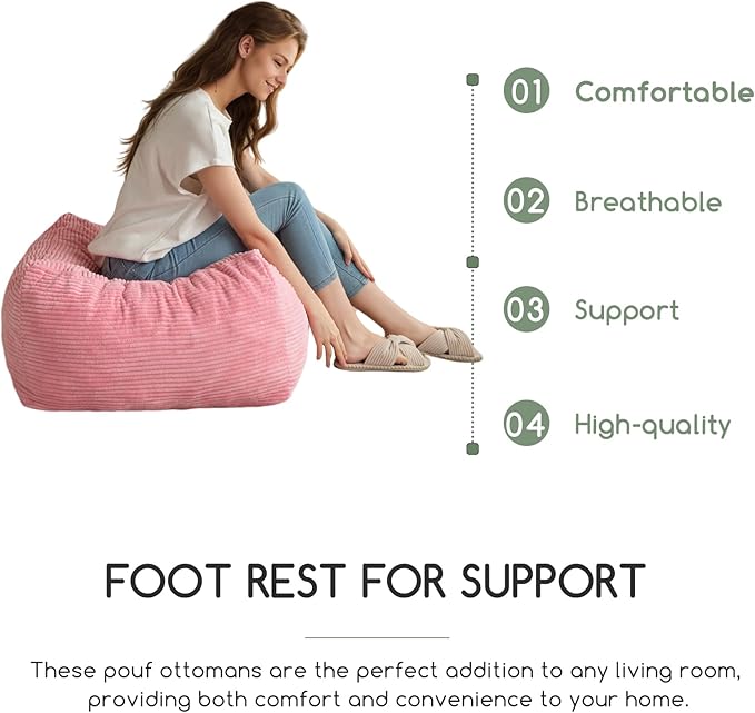 HIGOGOGO Square Stuffed Pouf Ottoman, Corduroy Poufs with Foam Chunk Filling, Furry and Fluffy Pouf Foot Stool Storage Ottoman, 25.6 X 25.6 Floor Poufs Foot Rest for Living Room, Pink
