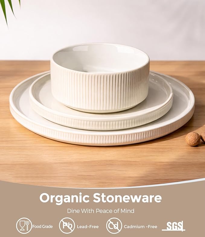 GBHOME Stoneware Dinnerware Sets for 4, 12 Pieces Ceramic Ribbed Plates and Bowls Set, Reactive Glaze Stackable Plate Sets, Scratch Resistant Dishes, Microwave & Dishwasher Safe, Cream