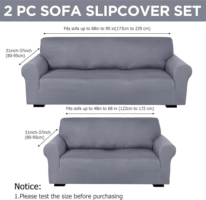 Peryiter 2 Pcs Sofa Covers Couch and Loveseat Covers Set Stretch Sofa Slipcover for Living Room Armchair Furniture Protector, Wrinkle Proof(Light Gray,Milk Silk)