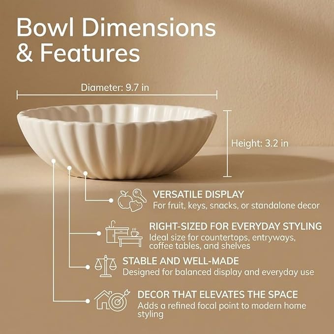 QIANLING Resin Large Beige Decorative Bowl for Home Decor - Beige Ruffle Fruit Bowl for Kitchen Counter Entryway or Coffee Table or Table Decor - Centerpiece Bowls for Keys, Fruit, Candy