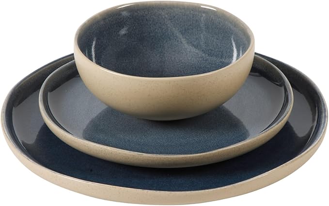 Gibson Elite Manila Bay 12-Piece Stoneware Dinnerware Set, Service for 4, Reactive Glaze Modern Artisan Plates, Bowls & Mugs, Blue, Round Design