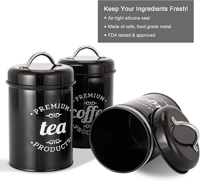 3 Piece Food Jars Canisters Sets, Airtight Coffee Container, Tea Organizer, And Sugar Canister, Rustic Farmhouse Decor for Kitchen Countertop (Black)