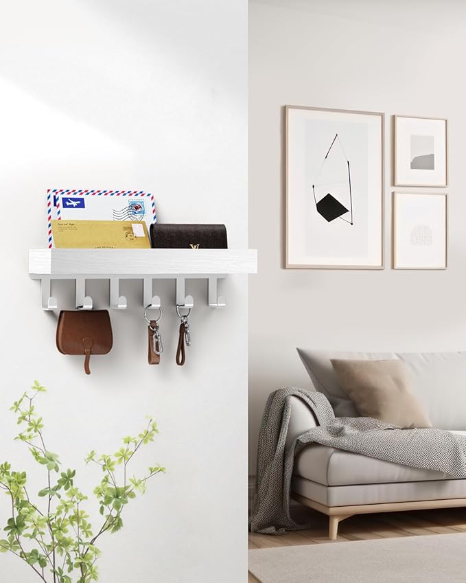 Key Holder Wall Mount Adhesive Magnetic - Hanging Key Hooks with Mail Organizer Tray for Wallet House Accessories - Keys Hanger Rack with Shelf for Camper Entryway Door Home Living Room Decor White