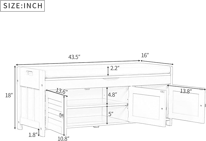 SOFTSEA Storage Bench with 3 Shutter-Shaped Doors, Entryway Shoe Bench with Removable Cushion and Hidden Storage, Wooden Storage Ottoman for Entryway, Living Room, Bedroom, Grey