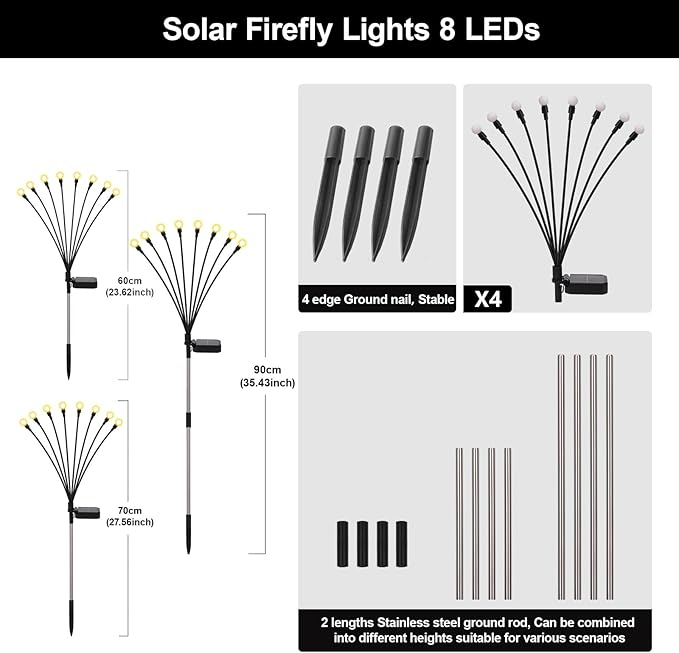 Solar Firefly Lights Warm White, 8 Modes 800mAh Swaying Firefly Yard Lights Solar Powered Outdoor Waterproof for Outside Yard Patio Lawn Pathway Walkway Stake Christmas Garden Decor (4 Pack)