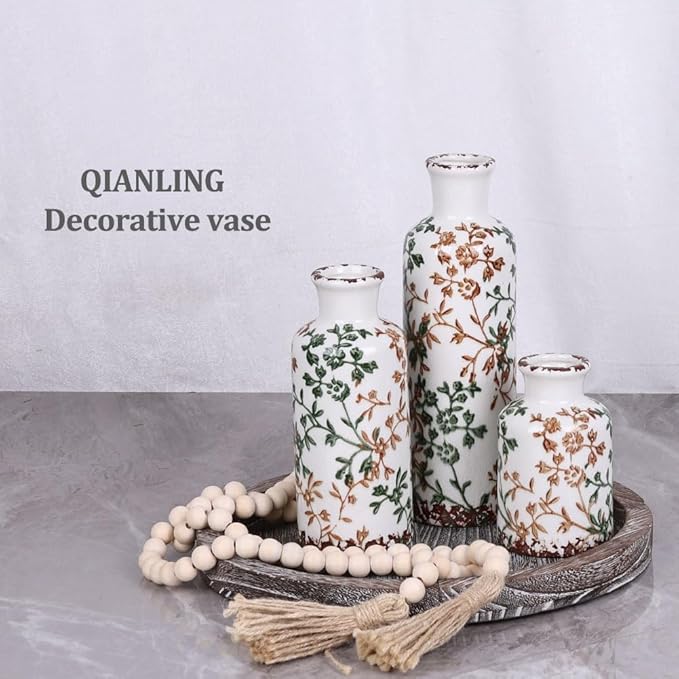 Green Ceramic Vase Set of 3 - Modern Rustic Farmhouse Decorative Vases for Dining Table, Shelf, Bedroom, Living Room, Kitchen, Office, Bathroom, Mantle, Centerpiece Décor